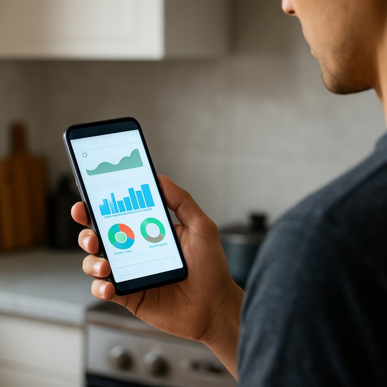 A person in a modern home kitchen glancing at a smartphone displaying a clean, intuitive health dashboard with charts.