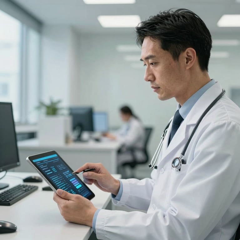 A professional physician in a modern US office looking at a tablet with a sophisticated data interface, conveying trust and innovation.