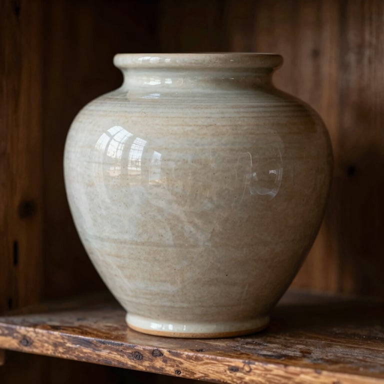 Close-up detail of a handmade natural ceramic memorial urn resting on a dark rustic wooden shelf, soft warm side lighting, shallow depth of field.