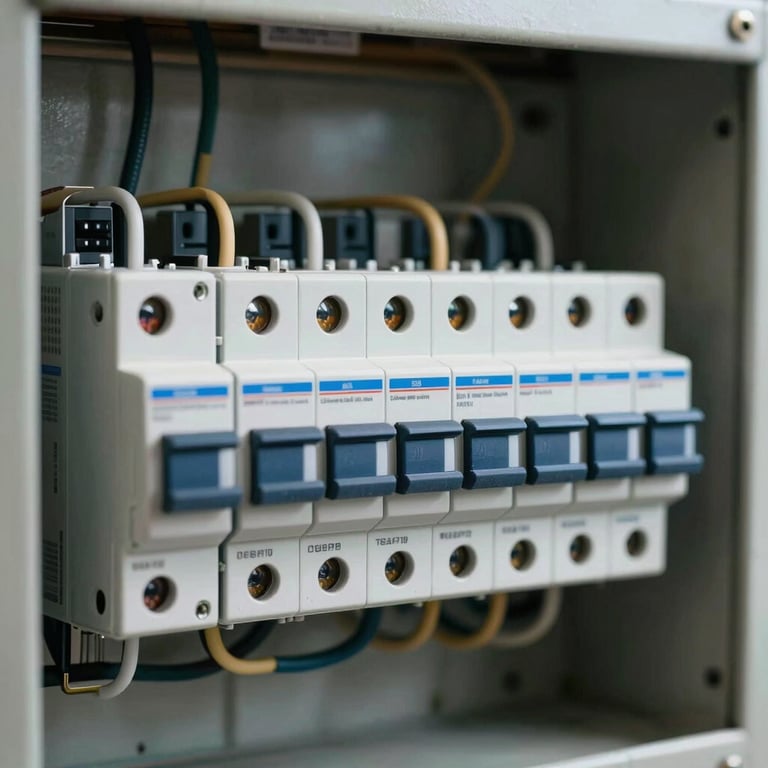 Macro shot of a perfectly organized commercial circuit breaker panel with labeled circuits and clean wiring paths.