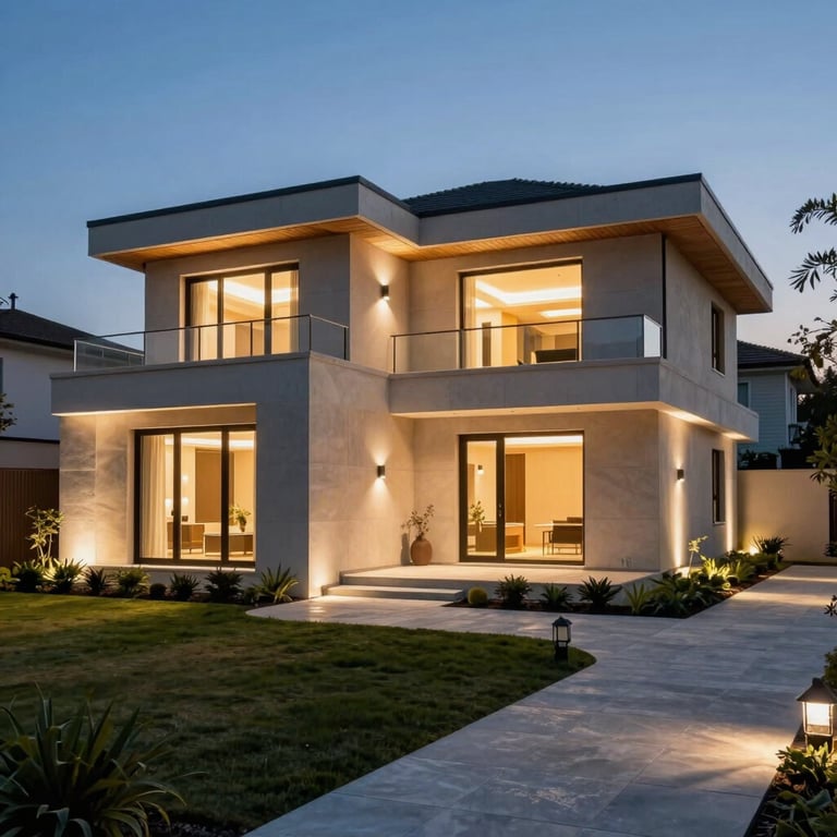 Dynamic view of custom exterior landscape lighting illuminating a modern villa at dusk, showcasing architectural energy design.