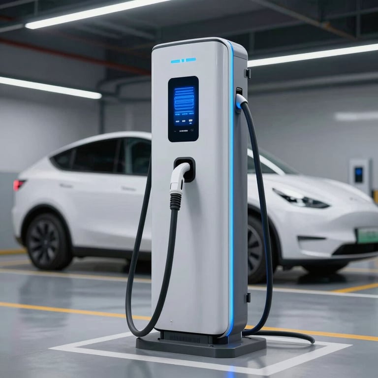 Installation of a high-speed electric vehicle charging station in a modern garage, showcasing electric blue energy accents.