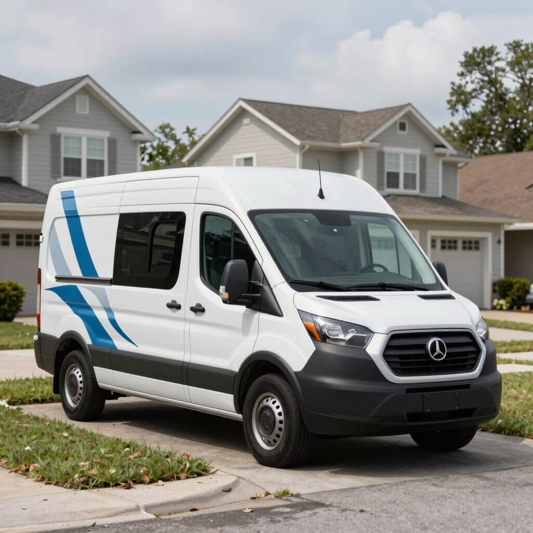 Wide shot of a professional North American service van with modern graphics parked in an Orlando residential neighborhood.