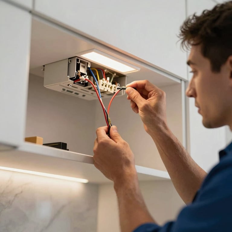 A master electrician installing modern recessed LED lighting in a high-end North American kitchen, sharp focus on the wiring work.