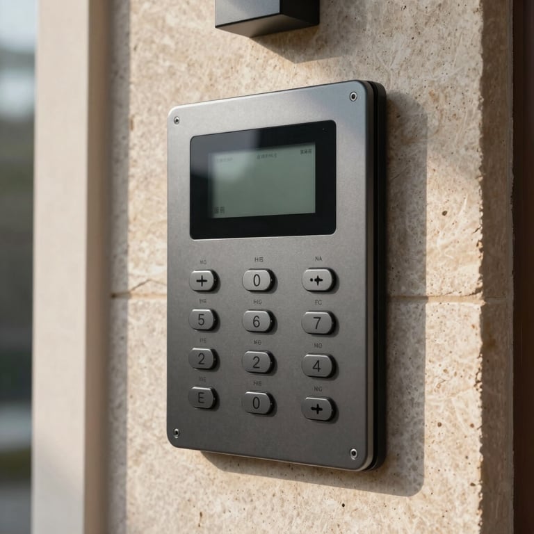 A modern intercom system panel mounted on the stone wall of a luxury residential complex.
