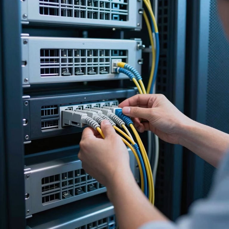 A professional technician organizing structured networking cables in a server rack with soft blue lighting.