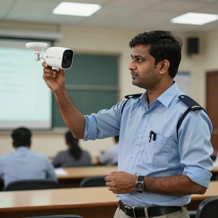 A security specialist demonstrating IP camera features in a training center classroom in India.