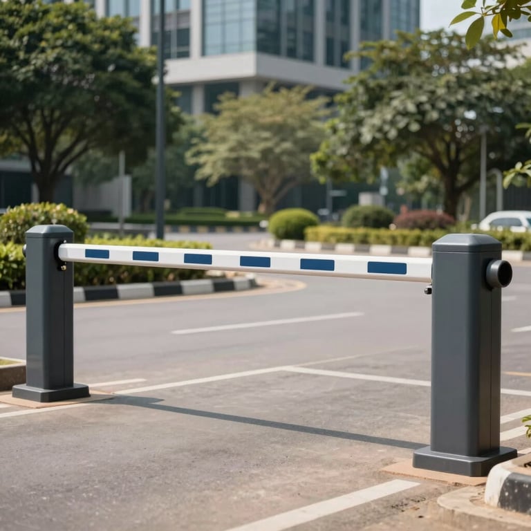 A sleek automated boom barrier installed at the entrance of a high-end corporate park in Kerala, bright daylight.