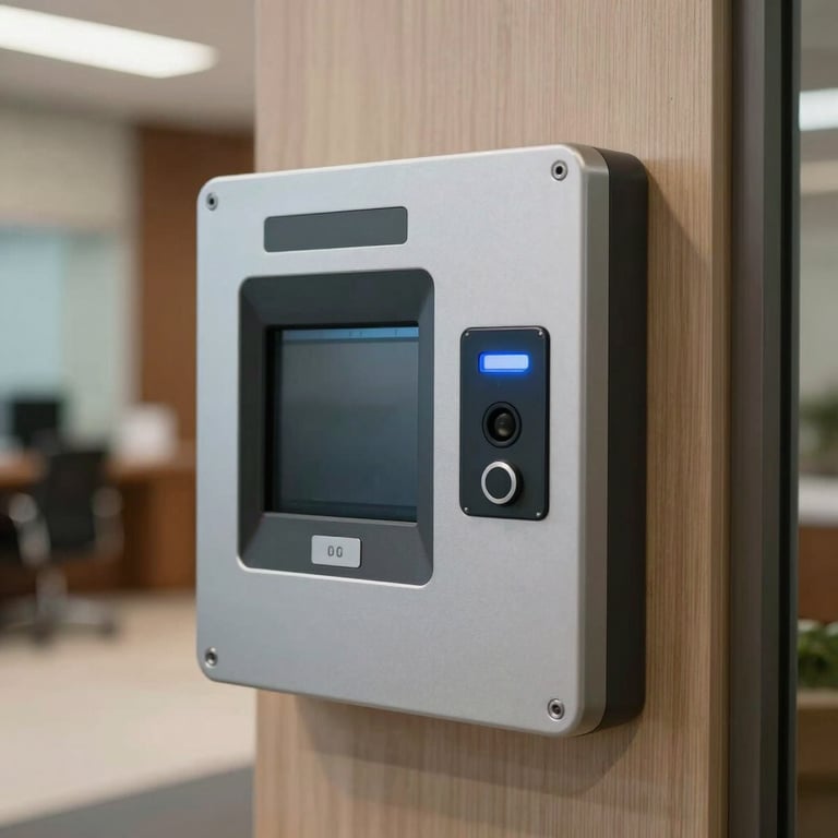 Close-up of a biometric attendance machine and access control panel in a modern South Asian office lobby.