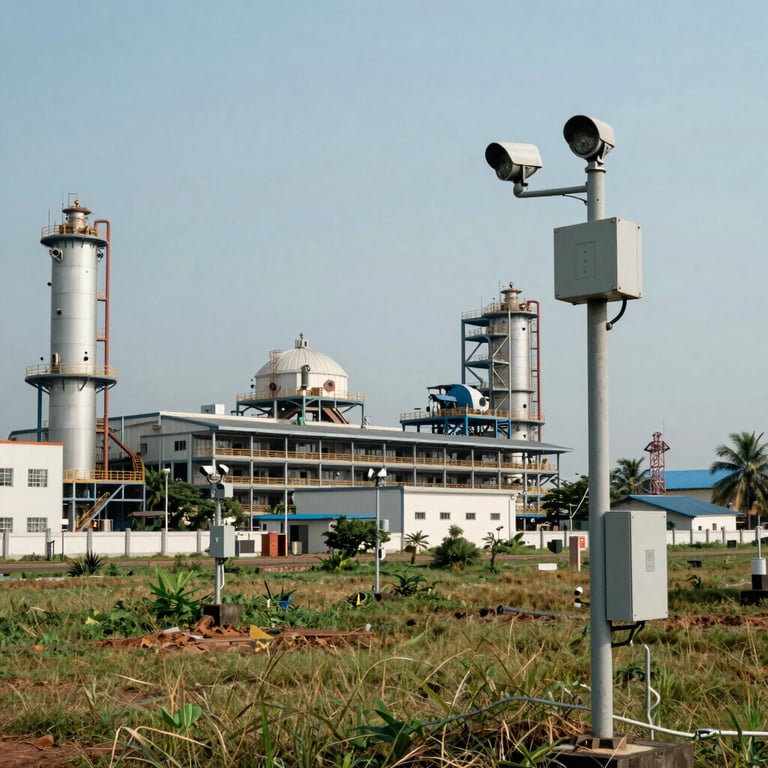 A wide shot of an industrial facility in Kerala protected by a series of perimeter intrusion alarm sensors.