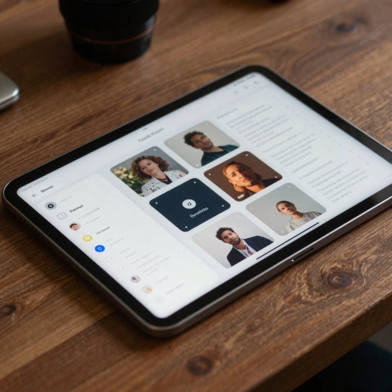 Detailed photography of a digital tablet on a wooden desk, showing the creative UI design process for a new mobile application.