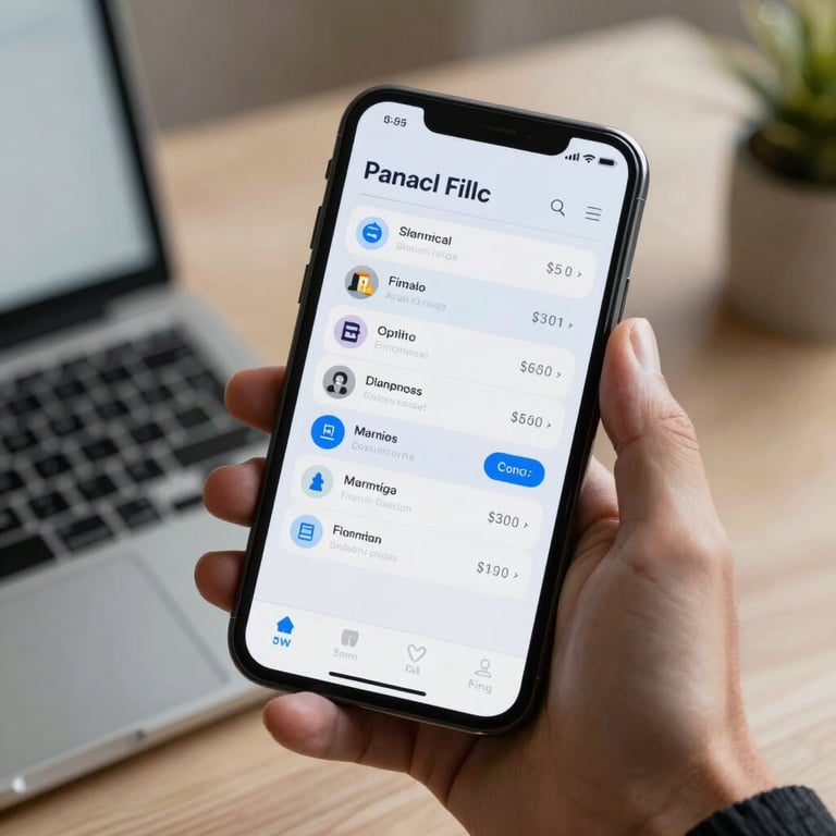 A high-resolution smartphone screen displaying a sleek finance application dashboard with subtle light blue accents, held in a professional North American workspace.
