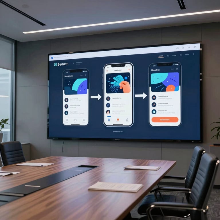 A futuristic boardroom in a North American tech hub where a mobile app prototype is being presented on a large high-definition display.
