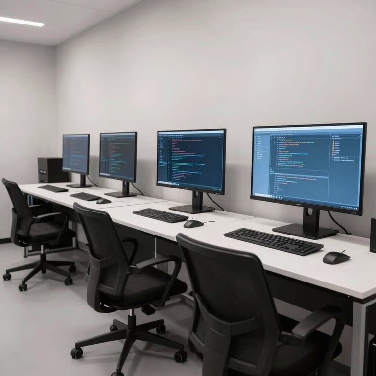 Wide-angle shot of a clean, minimalist development studio featuring ergonomic desks and large monitors displaying code in dark blue and pale blue tones.