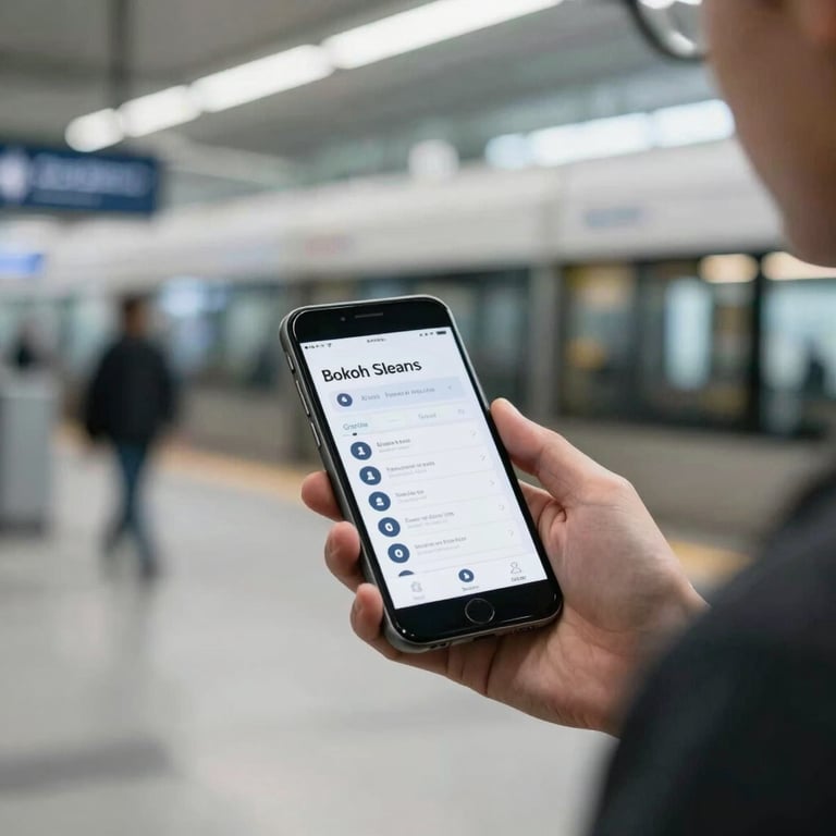 A professional user interacting with a user-friendly mobile app while in a bright, urban North American transit hub, emphasizing intuitive design.