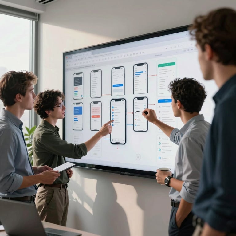 A team of software engineers collaborating in a sunlit, modern North American office, reviewing mobile app wireframes on a digital wall.