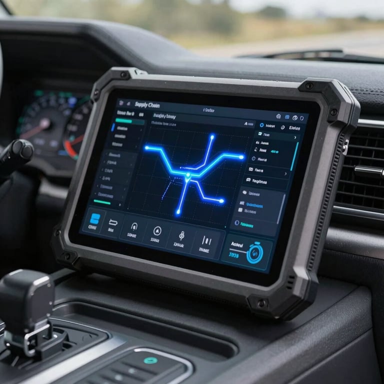 Close-up of a ruggedized telemetry tablet inside a modern truck cabin, displaying a dark-themed supply chain dashboard with glowing cobalt blue routes and technical data.