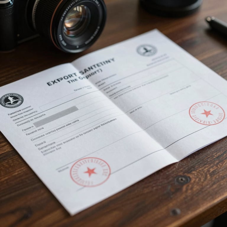 Close-up of export documentation and phytosanitary certificates with official seals, placed on a dark wooden desk.