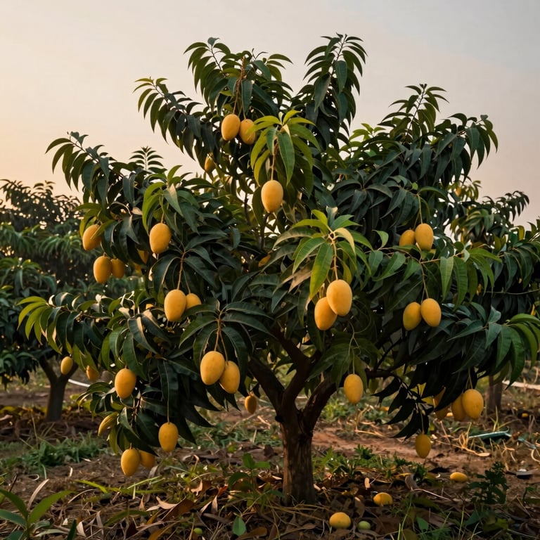 Macro photography of a ripe, flawless Sindhri mango with a vibrant golden yellow skin, resting on a dark slate surface.