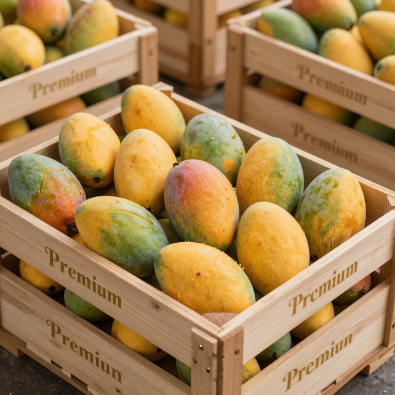 Premium wooden export crates branded with gold lettering, filled with carefully padded mangoes ready for international shipment.