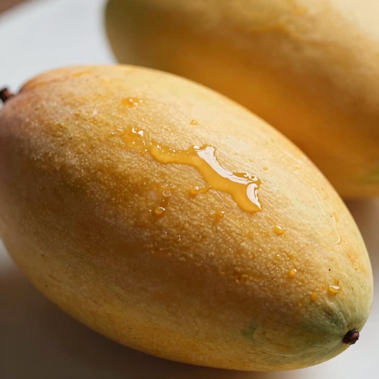 A close-up shot of a sweet Chaunsa mango, showcasing its delicate texture and honey-colored peel in a soft focus setting.