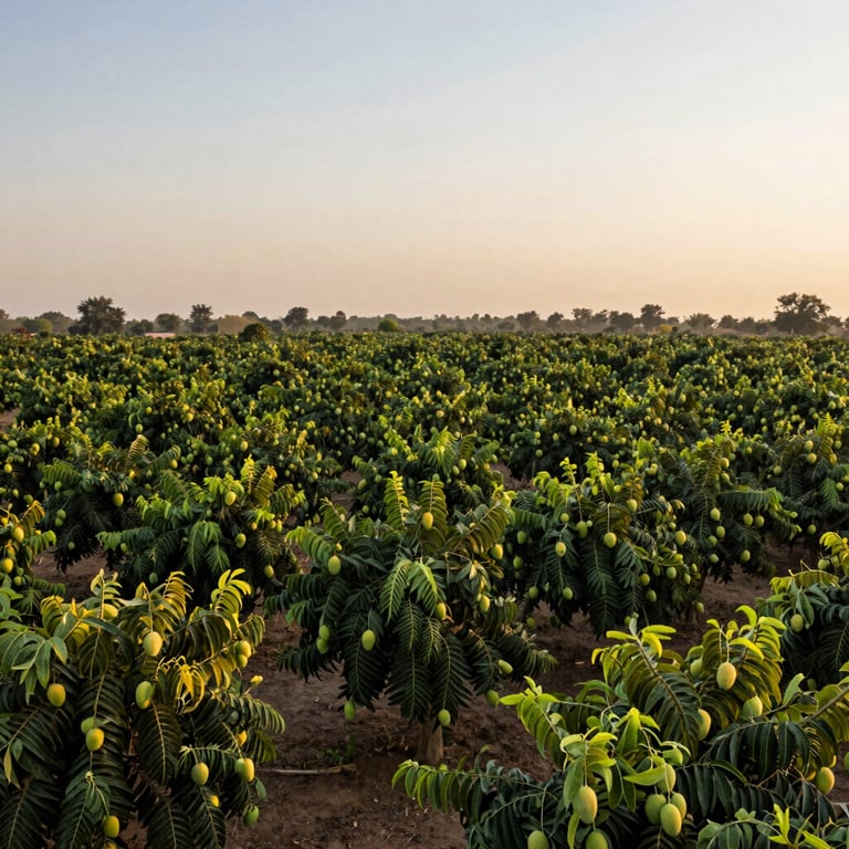 A breathtaking view of a sprawling mango grove in Multan, Pakistan, during the golden hour, symbolizing heritage and scale.