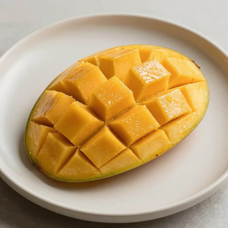 Artistically sliced mango halves displayed on a minimalist cream-colored ceramic plate, emphasizing the rich, fiberless pulp.
