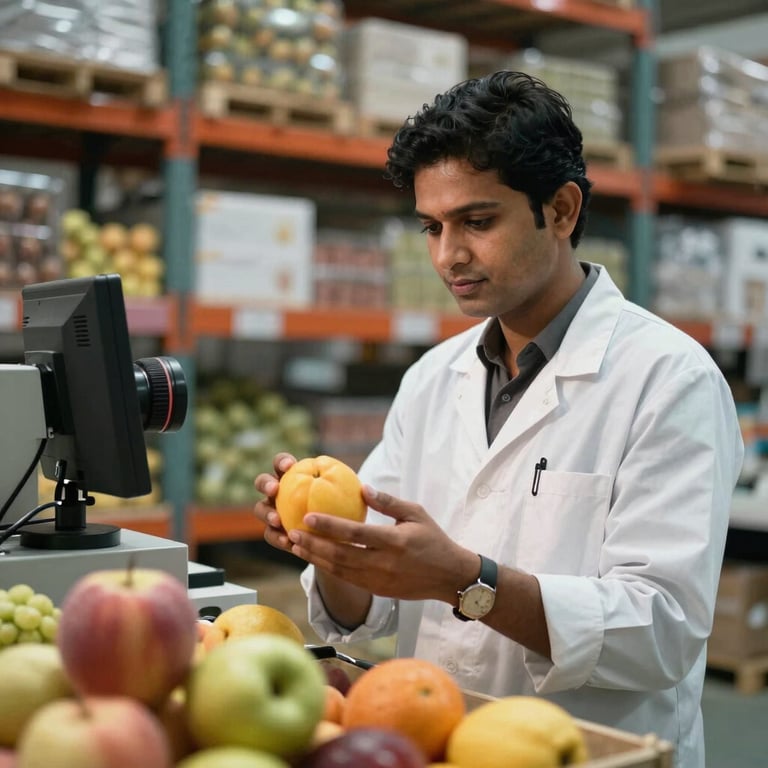A professional quality control inspector in South Asian business attire reviewing fruit specifications in a clean, high-end warehouse.