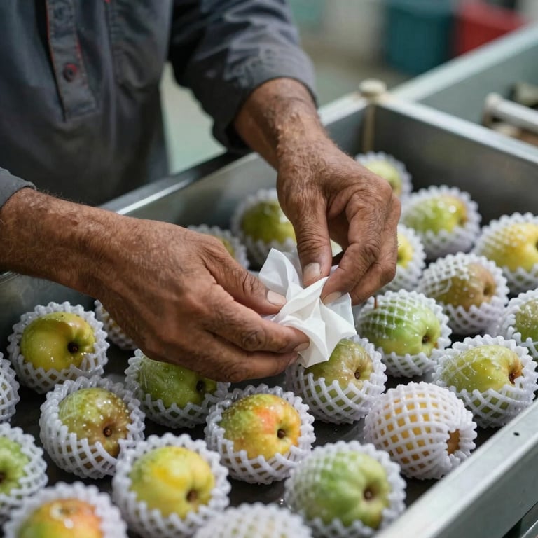 A worker’s hands in a Pakistani processing facility carefully wrapping individual fruits in protective tissue, showing premium care.