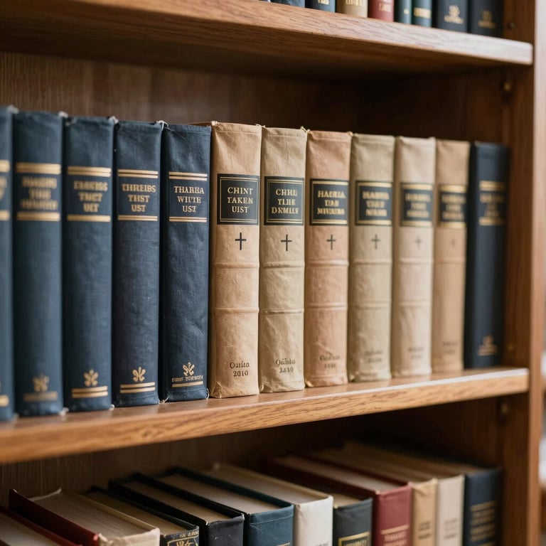 A dedicated shelf of Christian devotionals and theology books with warm wooden textures and soft lighting.