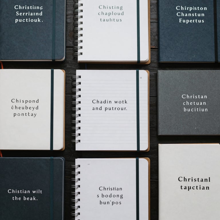 A collection of high-quality planners and journals with inspiring Christian quotes on the covers, presented in a minimalist style.