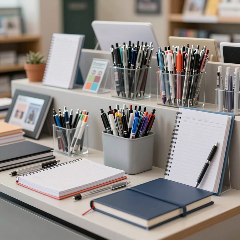 A modern stationery display featuring high-quality pens, notebooks, and school supplies in a bright, organized setting.