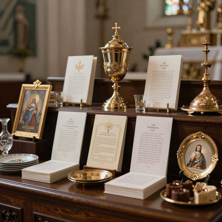 A display of religious gifts and products for churches, including communion supplies and decorative items.