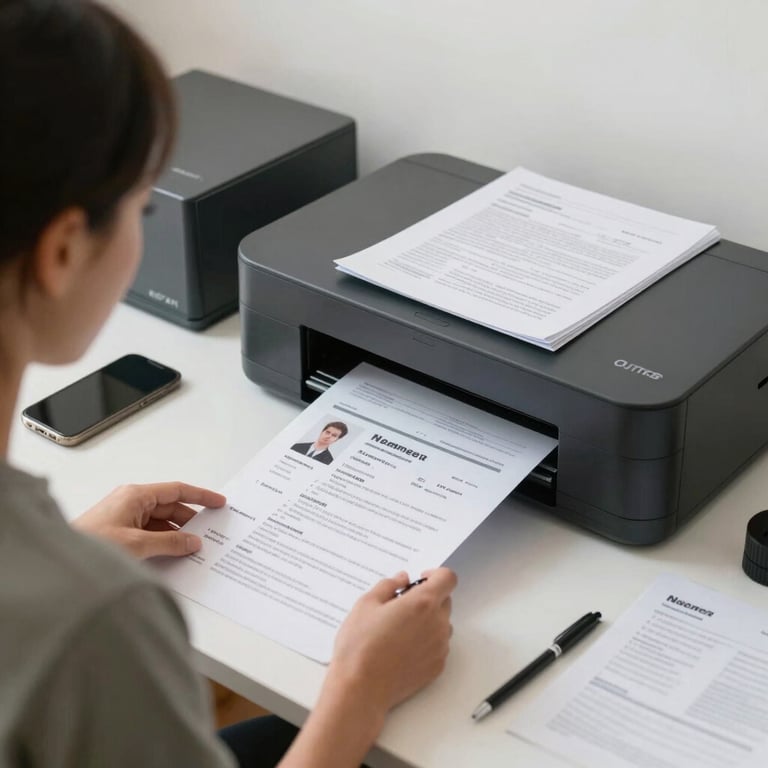 A clean and organized work station where a professional assists a customer with digital services like resumes and document printing.
