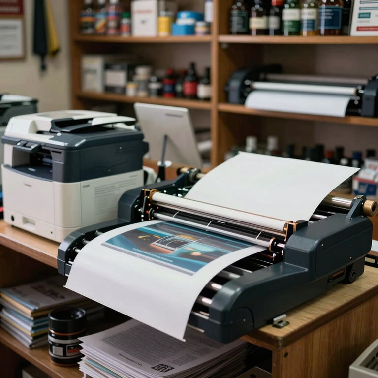 Interior of a South American / Brazilian shop showing a professional area for printing, xerox, and binding services.