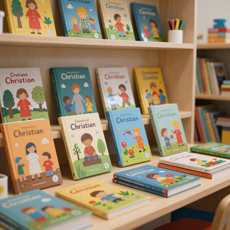 A colorful and inviting children's corner with Christian literature and educational materials for families.