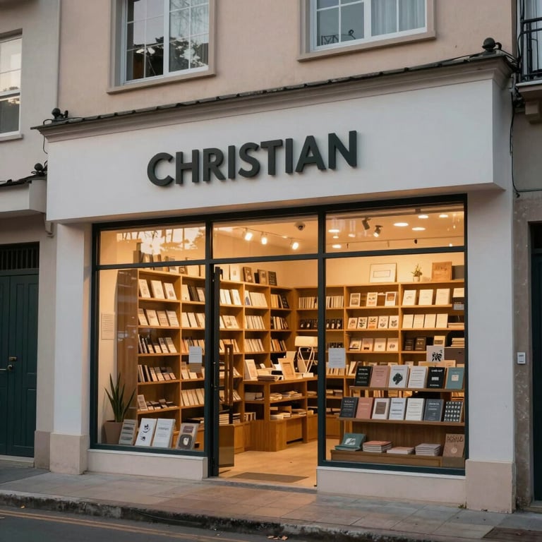 A close-up of elegant Bibles with leather covers in dark blue and soft gold colors, neatly arranged on a wooden shelf in a Brazilian shop.