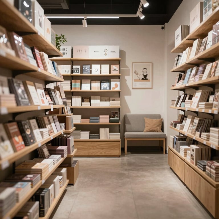 A wide shot of the store interior showing a blend of modern stationery shelves and a peaceful reading nook.