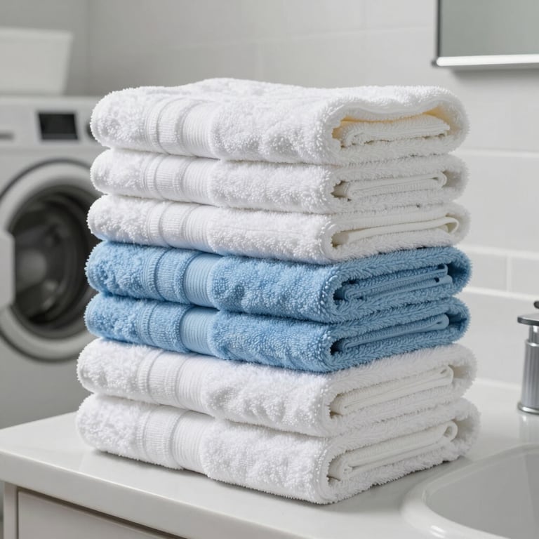A tall stack of expertly folded white and light blue towels in a bright, modern North American laundry room.