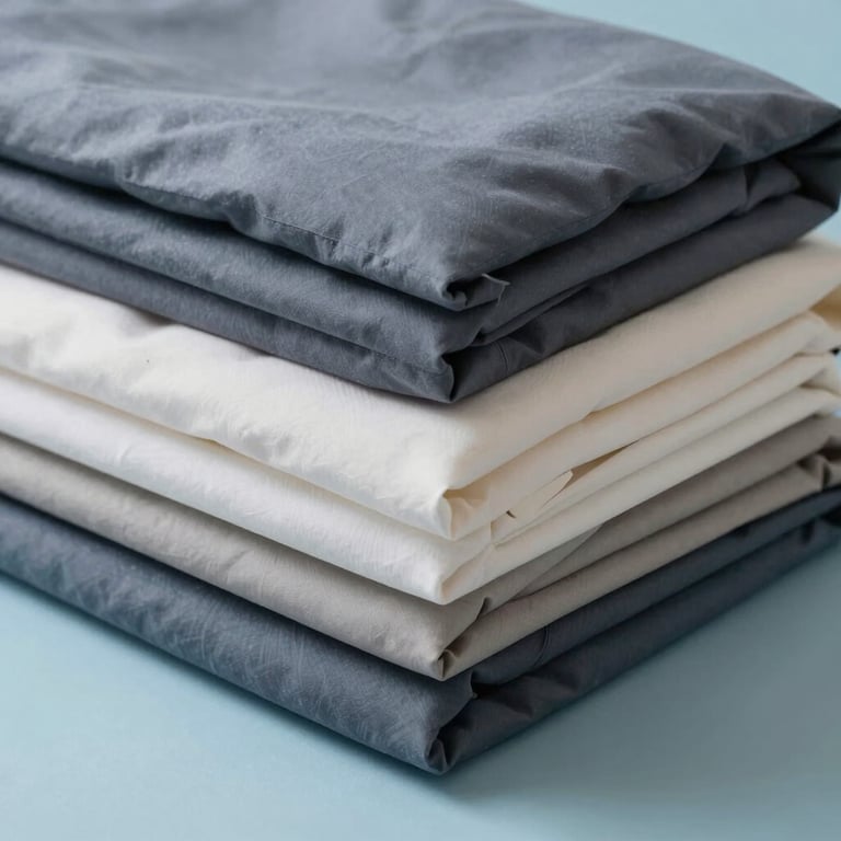 Detailed view of a neatly folded set of bedding and pillowcases on a light blue background.