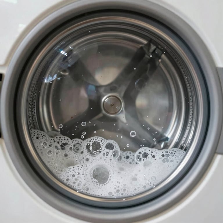 Action shot of a professional laundry machine interior, showing clean water and bubbles, representing quality care.