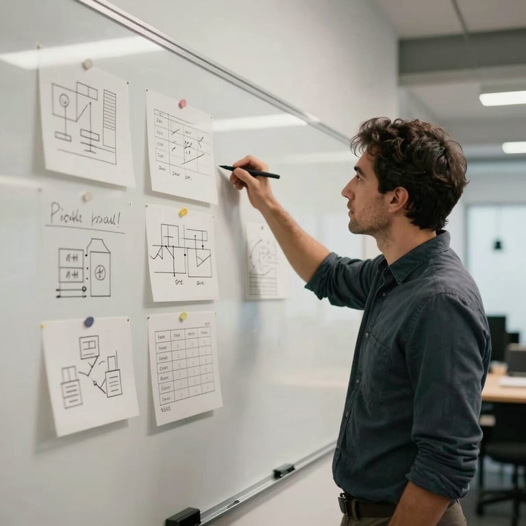 A professional in a Spanish / Iberian co-working space, looking at a whiteboard with organized notes and charcoal black diagrams.