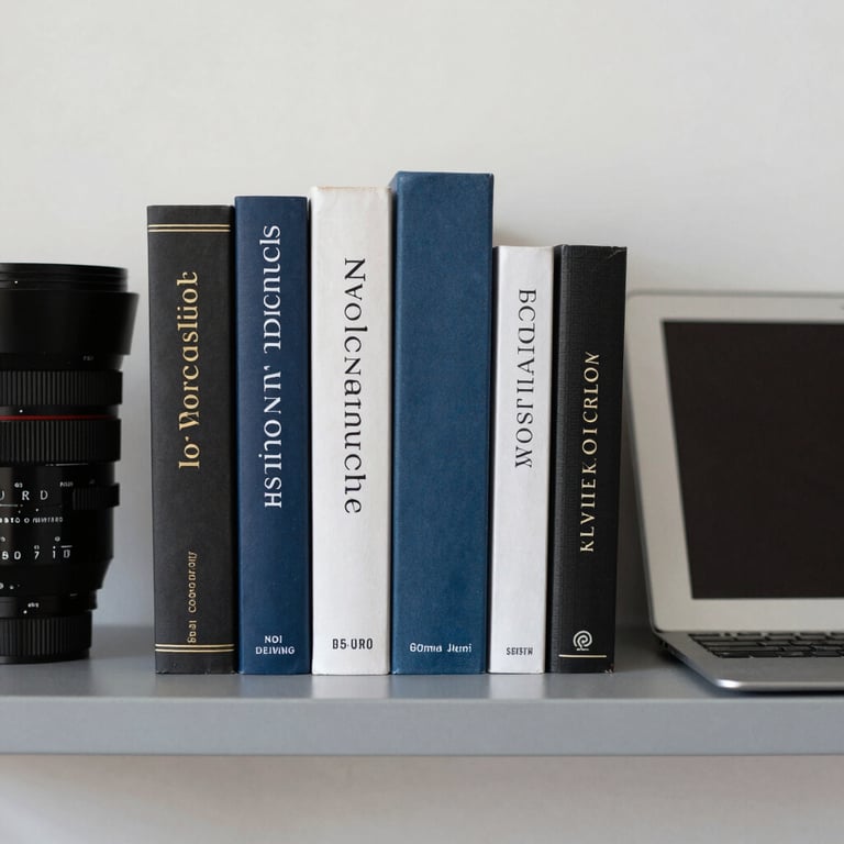 A neat arrangement of professional books and a tablet on a muted sky gray shelf against a soft off-white wall.