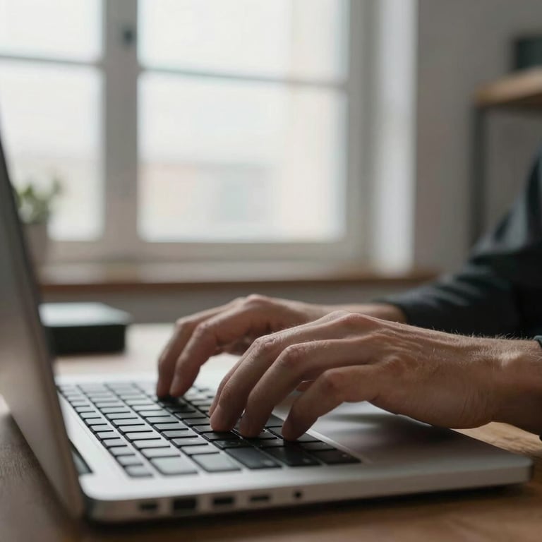 Close-up of hands typing on a modern keyboard, with soft natural light entering through a large window in a Spanish / Iberian studio.