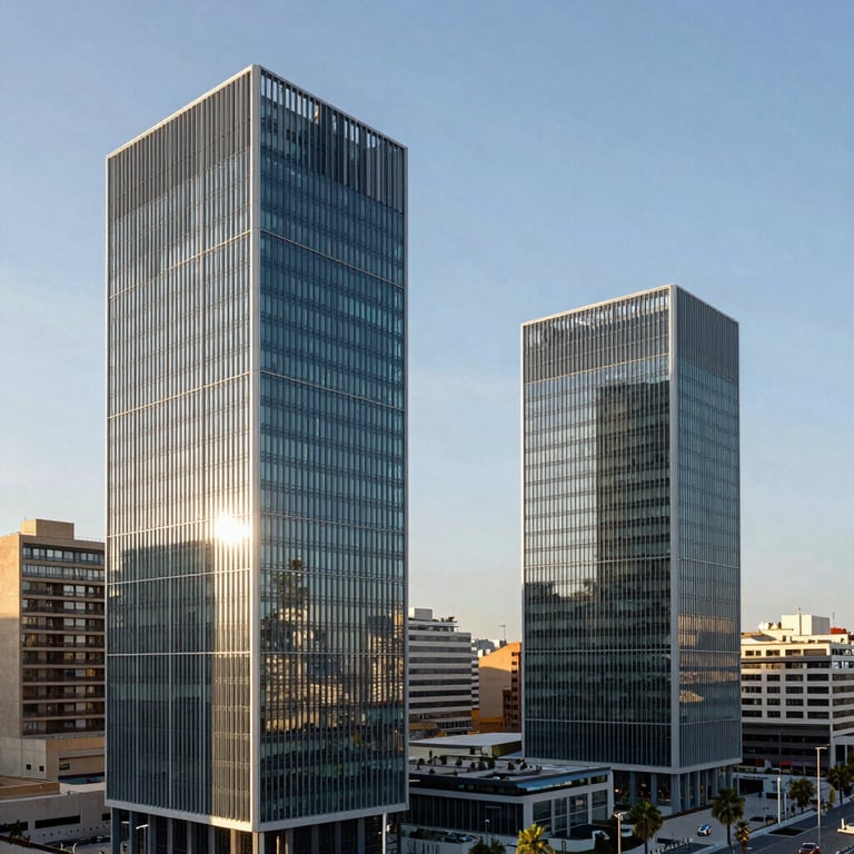 An architectural shot of a modern business district in a Spanish / Iberian city with clean lines and glass facades under a clear sky.