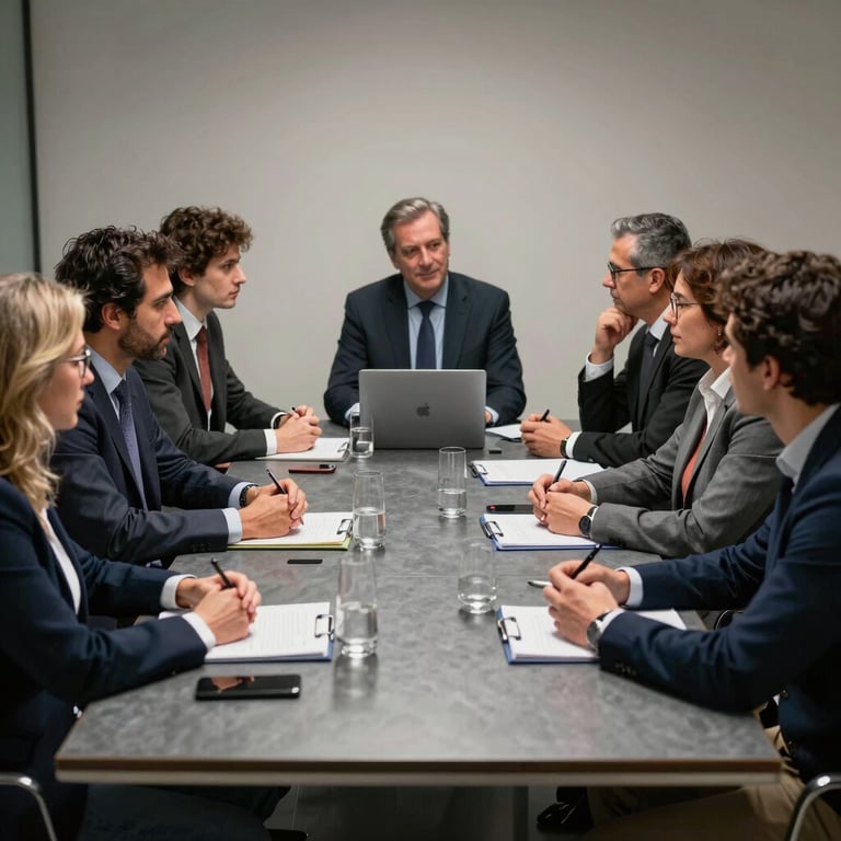A group of professionals in a Spanish / Iberian meeting room, engaged in a collaborative discussion around a large slate gray table.
