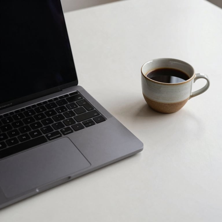 A minimalist Spanish / Iberian office desk with a charcoal black laptop and a ceramic cup of coffee on a soft off-white surface.