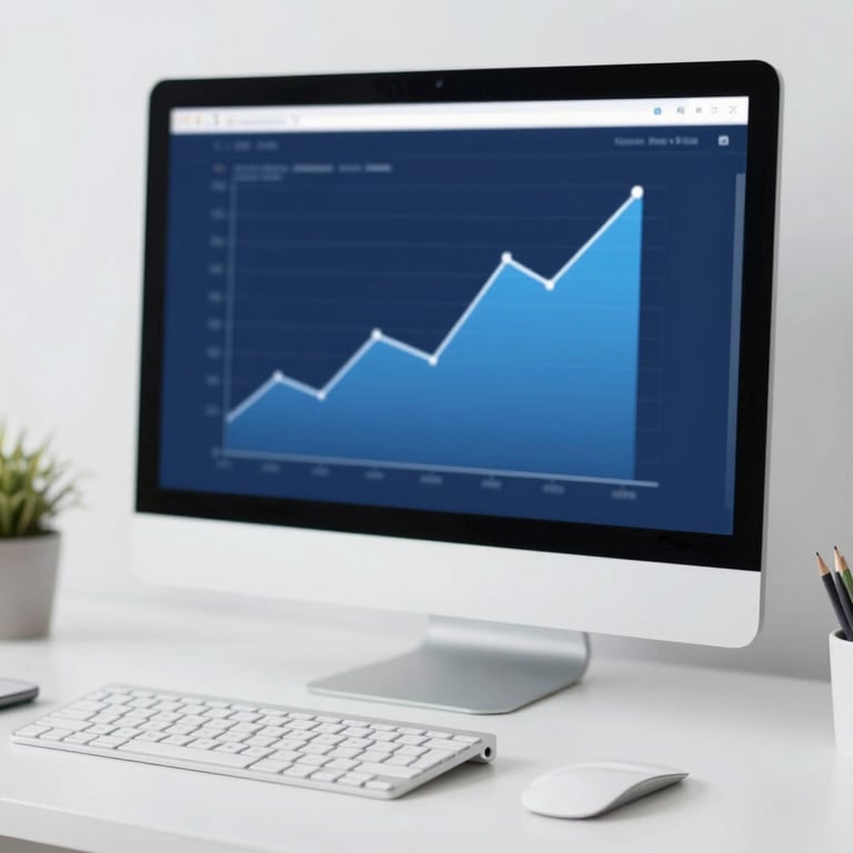 A clean, modern workspace with a computer screen showing upward-trending financial growth charts in shades of blue.
