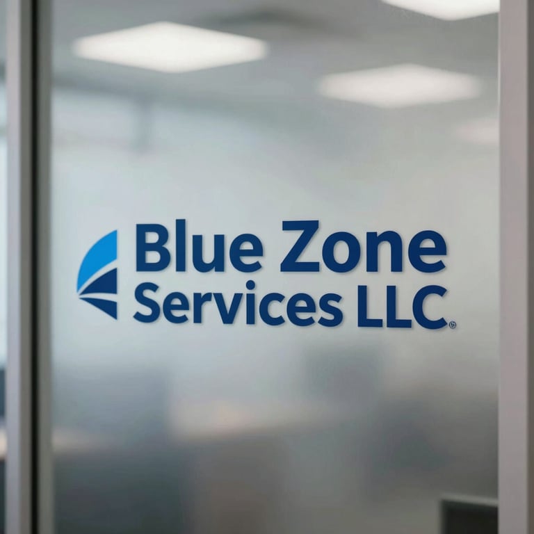 The Blue Zone Services LLC corporate logo displayed elegantly on a frosted glass office door.
