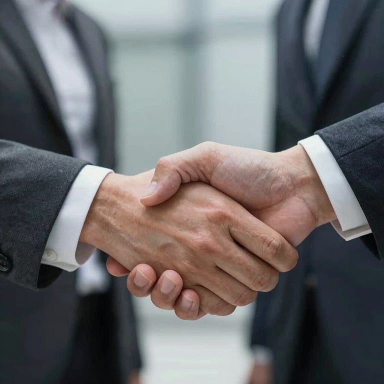 Close-up of a handshake between a consultant and a client, signifying a partnership built on trust and stability.